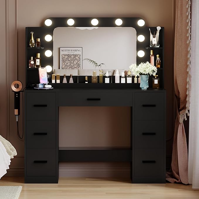 Furmax Vanity Desk with Hollywood Style Mirror with LED Lights, Makeup Table Vanity with 2 AC Outlets and1 USB＆1 Type-C Port, Adjustable Lighting, Modern Ample Storage Drawers Dressing Table (Black)