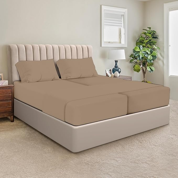 SGI Split King Sheet Set for Adjustable Bed Egyptian Premium Cotton 600 Thread Count Sheets for Sleep Number Bed 15" Deep Pocket 5 Pc Set with 2 Twin XL Fitted Sheets Soft Breathable -Taupe