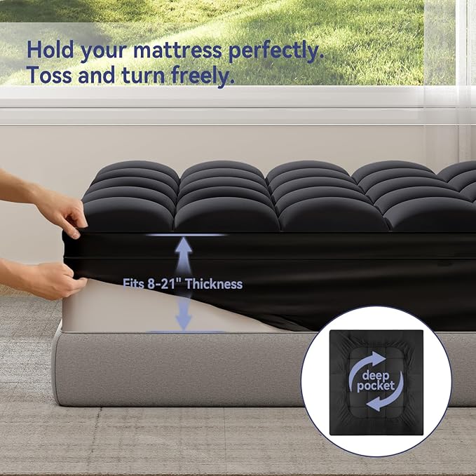 ELEMUSE King Black Mattress Topper for Back Pain, Extra Thick Mattress Pad Cover, Plush Soft Pillowtop with Elastic Deep Pocket, Overfilled Down Alternative Filling