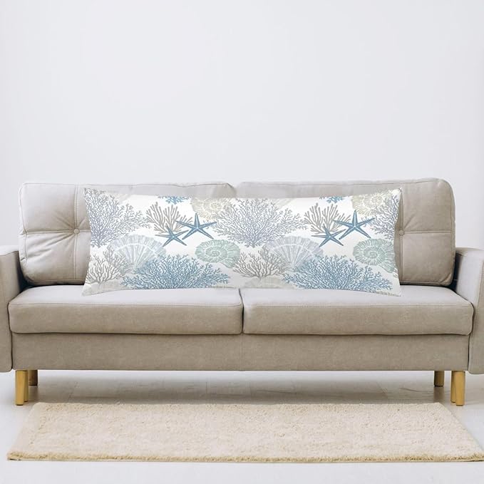 Beach Theme Body Pillow Cover,Nautical Blue Coral Starfish Ocean Marine Coastal,Long Pillow Case with Zipper Rectangle Bedding Pillowcase Decorative Soft Cushion Covers for Bedroom,20"x54",Teal Blue