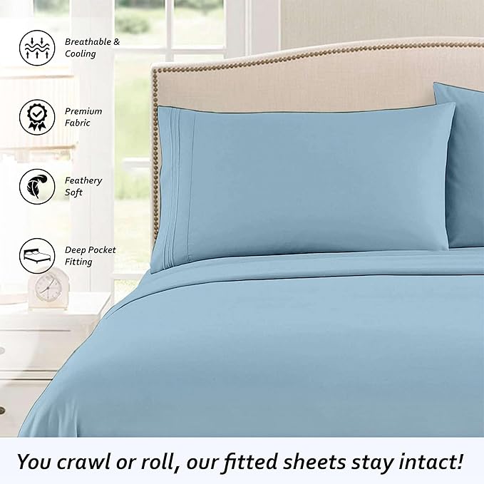 Queen RV Camper Sheet Set (60x80) – 100% Egyptian Cotton, Soft & Cooling, 16” Deep Pocket Fitted Sheet, Luxury Hotel Quality Bedding for RVs, Campers & Motorhomes (Light Blue Solid)