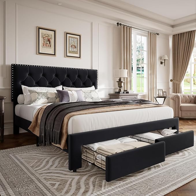 Garvee King Size Bed Frame with 2 Storage Drawers, Vintage Velvet Headboard Bedframe with upholstered Platform, Wooden Slat Support, Noise Free, No Box Spring Needed, Black