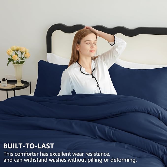 CozyLux Queen Comforter Set Navy Blue, 3 Pieces Solid Comforters Queen Size Breathable Bedding Sets, Luxury Soft Lightweight Bed Set with Down Alternative Comforter and 2 Pillowcases for All Seasons