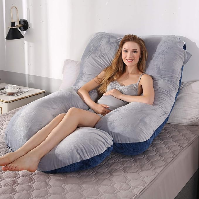 U-Shaped Full Body Pregnancy Pillow for Sleeping – 57" Maternity Pillow with Removable Cover, Support for Back, Legs, Belly & Hips (Velvet-Blue and Grey)