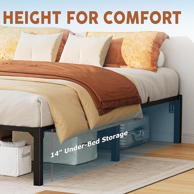 16 Inch King Metal Bed Frame, Heavy Duty Metal Platform Bed Frame with Reinforced Slats Support, 800 Lbs Load Capacity, Noise Free, No Box Spring Needed and Screws , Tool-Free Assembly Bed Frame
