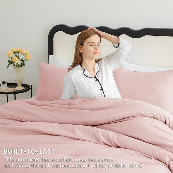 CozyLux Queen Comforter Set Blush Pink, 3 Pieces Solid Comforters Queen Size Breathable Bedding Sets, Luxury Soft Lightweight Bed Set with Down Alternative Comforter and 2 Pillowcases for All Seasons