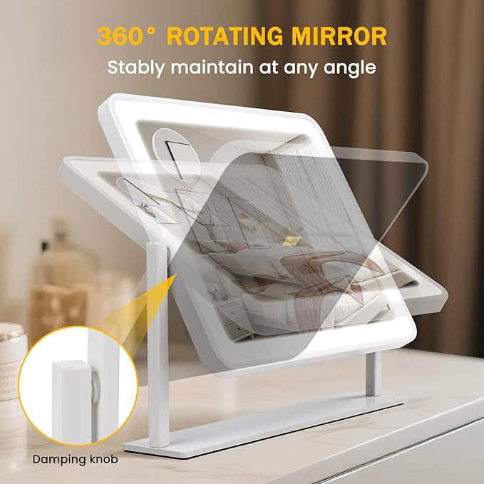 Vanity Mirror with Lights, 14"×12" LED Makeup Mirror, HD Professional Mirror, 10X Magnification, Smart Touch with 3-Color Lighting, Dimmable, 360° Rotation, Lighted Up for Makeup Desk, Bedroom (White)