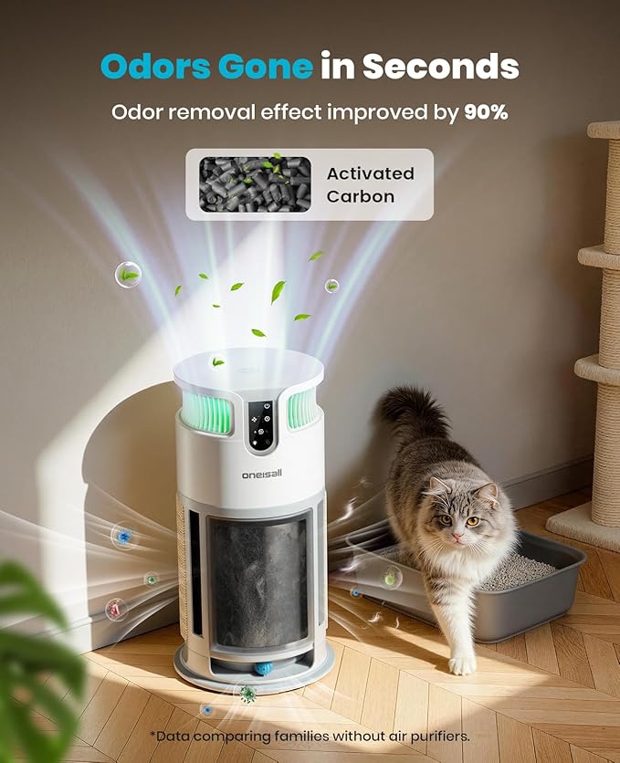 oneisall Pet Air Purifier for Home: Large Room 3000 Ft², H13 HEPA Washable Filter, 360° Airflow Visible Air Cleaner for Pet Hair, Odor Allergies Smoke Dust, PM2.5 Monitor,Auto Mode,Cat Toys,PP04