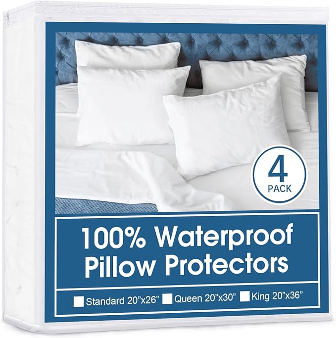 4 Pack Pillow Protectors with Zipper Queen Size Breathable & Noiseless Pillow Protector 100% Waterproof Pillow Cases 20''×30'' White Pillow Covers
