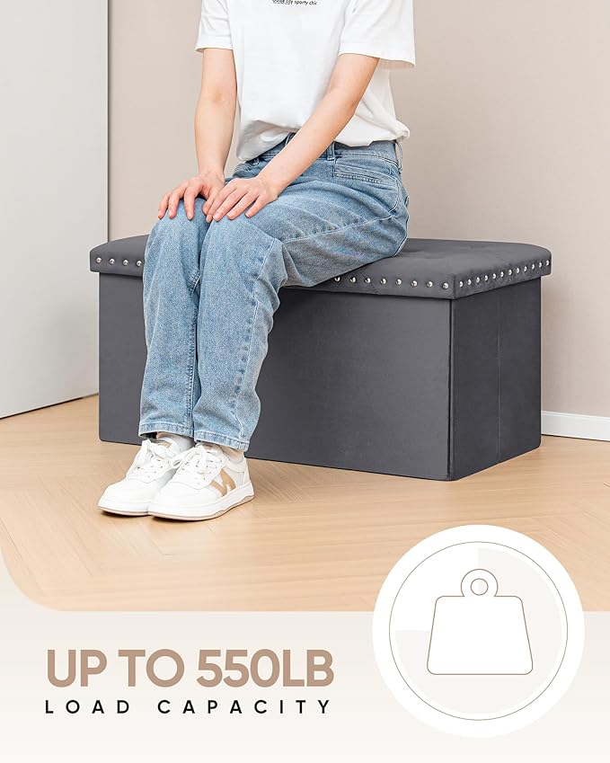 B FSOBEIIALEO Storage Ottoman Cube Folding Tufted Ottomanse, Storage Boxes Footrest for Bedroom, Luxury Velvet Fabric 30 * 15 * 15 Inches Grey