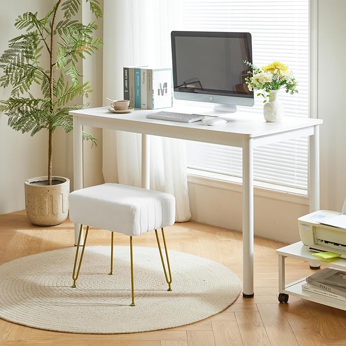 IBUYKE Velvet Rectangular Footrest Stool Ottoman, Makeup Vanity Stool Side Table, Velvet Dressing Table Seat, Pouf Couch Stool, Golden Steel Legs, White LG-51W