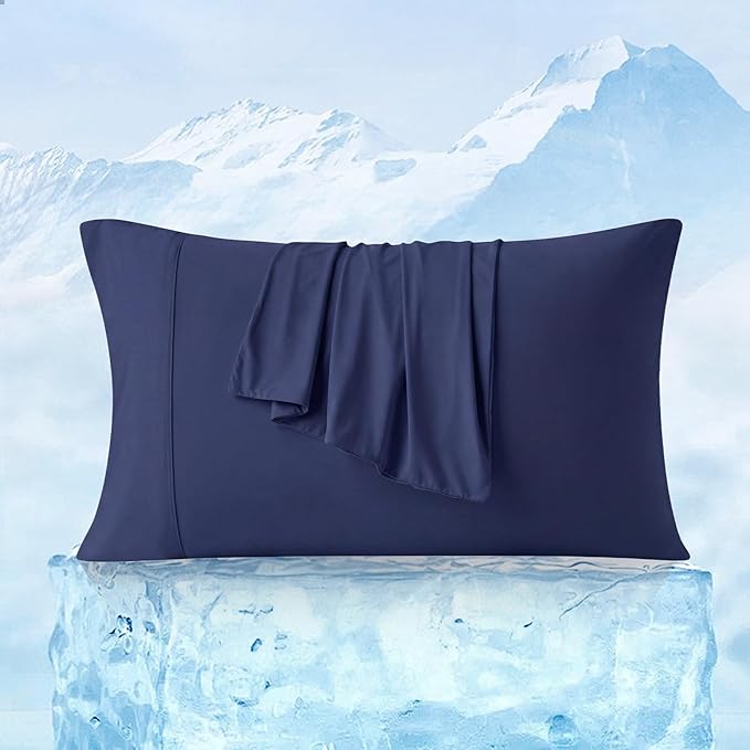Cozy Bliss Cooling Pillow Cases for Hot Sleepers, Q-Max>0.45, King Size Set of 2, Soft & Silky Pillow Covers with Envelope Closure,Gift, Dark Blue, 20x36 Inches