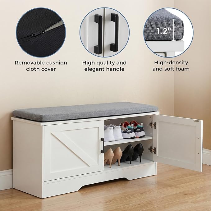 DUMOS Storage Bench, Shoe Organizer Cabinet with Thickened Padded Seat Cushion, Entryway Bench with 2 Doors & Adjustable Shelf for Hallway, Bedroom, Living Room, 39 inch, White