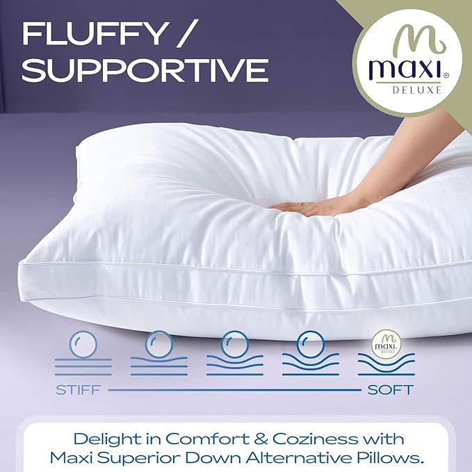 Maxi Deluxe Queen Size Bed Pillow – Ultra Soft & Comfortable – Versatile for Side, Back & Stomach Sleepers – 300TC Cotton Top – 2 Pack – (Queen Size Pillow is 20 x 30)