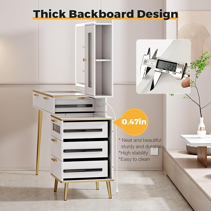 Arulvmrn Vanity Desk with 29.53" HD Lighted Mirror, 47.24" Big Modern Vanity Desk with Mirror and Lights, Makeup Vanity with 5 Drawers and Storage Shelves and Charging Station, White