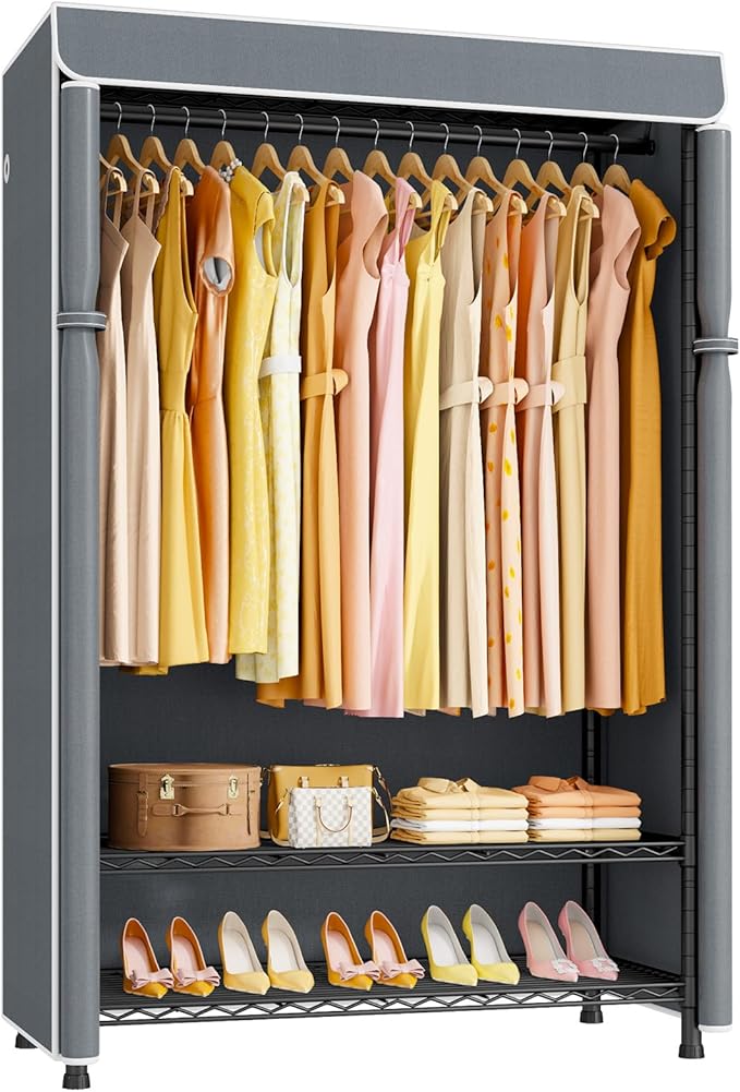 ULIFHOME H5C Plus Clothes Rack with Cover, Portable Closet for Hanging Clothes, Covered Clothing Racks Heavy Duty, Garment Racks with Shelves, Max Load 370LBS, Black Closet Rack with Gray Cover