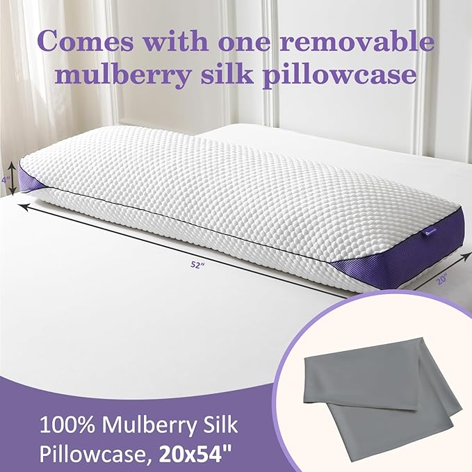 HOMELAB Adjustable Shredded Memory Foam Body Pillow Bundle with Gray Mulberry Silk Pillowcase, Cooling Long Pillow Full Support for Side Sleepers, Back, Hip & Leg Comfort, 1 Pack 20"x52"
