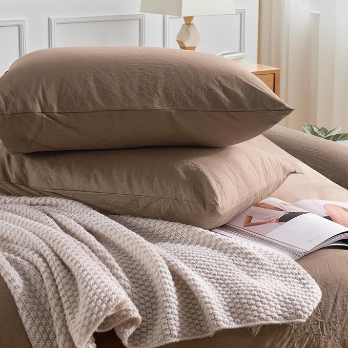 NEXHOME PRO 100% Washed Cotton Duvet Cover Full Size, Ogranic Natural Linen Feel Breathable Bedding Set with Zipper Closure, 3 Pieces Duvet Cover Set Toffee (No Comfortert) 8090
