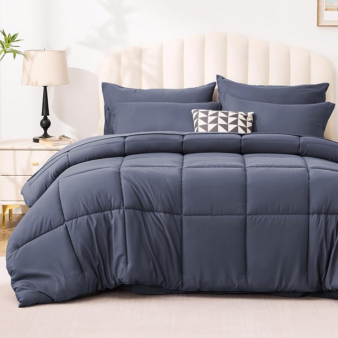 Love's cabin California King Comforter Set Indigo Blue, 7 Pieces California King Bed in a Bag, All Season Bedding Sets with 1 Comforter, 1 Flat Sheet, 1 Fitted Sheet, 2 Pillowcase and 2 Pillow Sham | Soft, Breathable, Lightweight, Comfortable