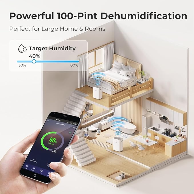 Dehumidifier for Basement, App-Controlled Dehumidifiers for Home with 6.56 Feet Drain Hose, 6000 Sq. Ft. Max 100 Pints Large Dehumidifier with Adjustable Humidity Control, Auto Shutoff, Auto Defrost