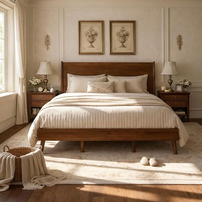 Merax California King Size Solid Wood Platform Bed, Mid-Century Modern Bed Frame with Splayed Legs, 600 lbs Weight Capacity, No Box Spring Needed, Brown