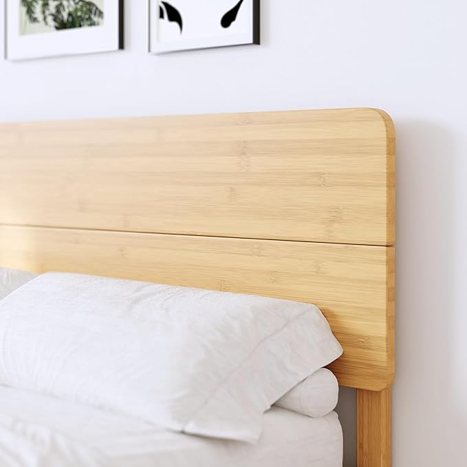 BOSRII 14in High Solid Bamboo Wood Platform Twin Size Bed Frame with Headboard, Reinforced Heavy Duty Metal Slats, Noise Free, No Box Spring Needed, Easy Assembly