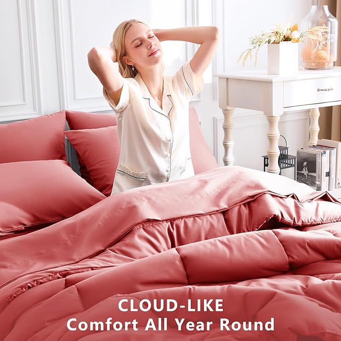CozyLux Twin XL Comforter Set Coral, 5 Pieces Twin Extra Long Bed in a Bag for College Dorm, All Season Bedding Set with Stitch Quilted Comforter, Flat Sheet, Fitted Sheet, Pillowcases