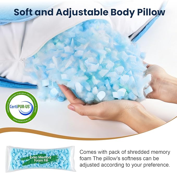 TranquilRelax C Shaped Body Pillow for Side Sleepers, Memory Foam Long Pillow for Leg, Hip & Back Support, Soft Washable Cover,Light Blue-53"*10"