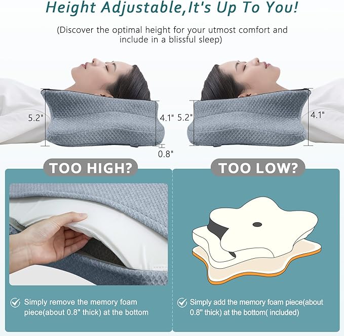 CHxxy Cervical Neck Pillow for Pain Relief Sleeping, Memory Foam Pillows, Ergonomic Side Sleeper Pillows Orthopedic Neck Support Pillow for Back Stomach Sleepers-King Size Black&Grey
