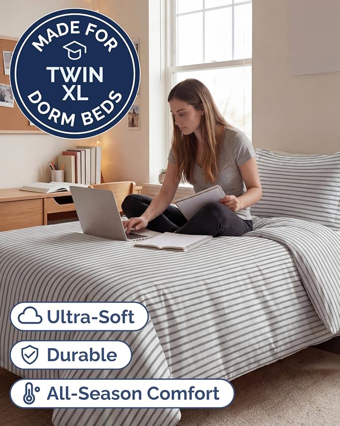 Duvet Cover Twin/Twin XL Size Set - Extra Soft Twin/Twin XL Duvet Cover 68" x 90" with 1 Pillow Sham - Hotel Luxury, Easy Care, Fade Free w/ Zipper Closures & Ties - Comfy & Breathable (Grey Stripes)