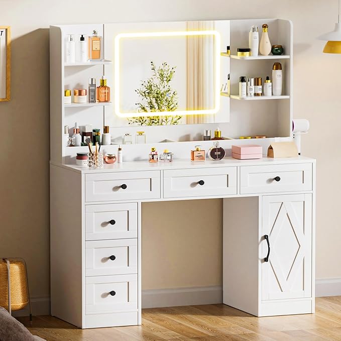 COMHOMA Makeup Vanity Desk with Mirror and Lights, Large Vanity Table with 6 Drawers & 1 Storage Cabinet, White Bedroom Dressing Table for Girls, 3 Color Modes Adjustable Mirror, White