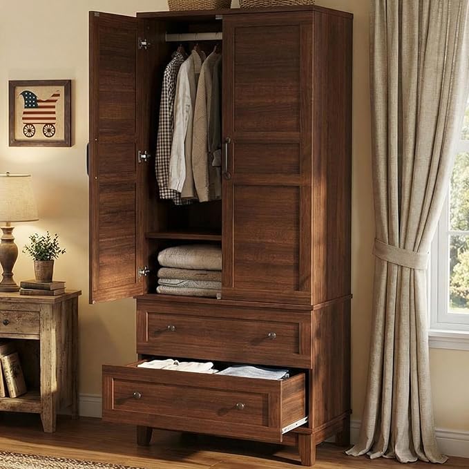 IDEALHOUSE 72" Armoire Wardrobe Closet with 2 Drawers, Heavy Duty Wooden Clothing Storage Cabinet with Hanging Rod and Adjustable Shelves, Large Bedroom Armoire with Doors, Walnut