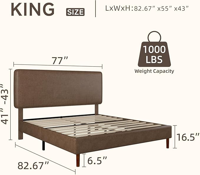 King Size Leather Platform Bed Frame with Adjustable Upholstered Headboard, Solid Wooden Legs, No Box Spring Needed, Easy Assembly, Noise Free, Brown