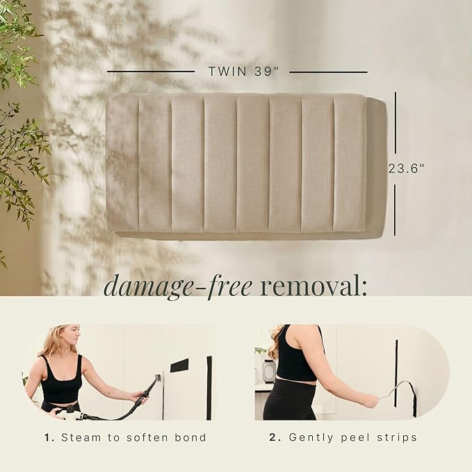 Hearth & Harbor Upholstered Twin Headboard - Easy Assemble Channel Stitched Headboard Twin Size - Wall Mounted Headboards with 3D Soundproof Wall Panels Peel & Stick Floating Headboards, Beige