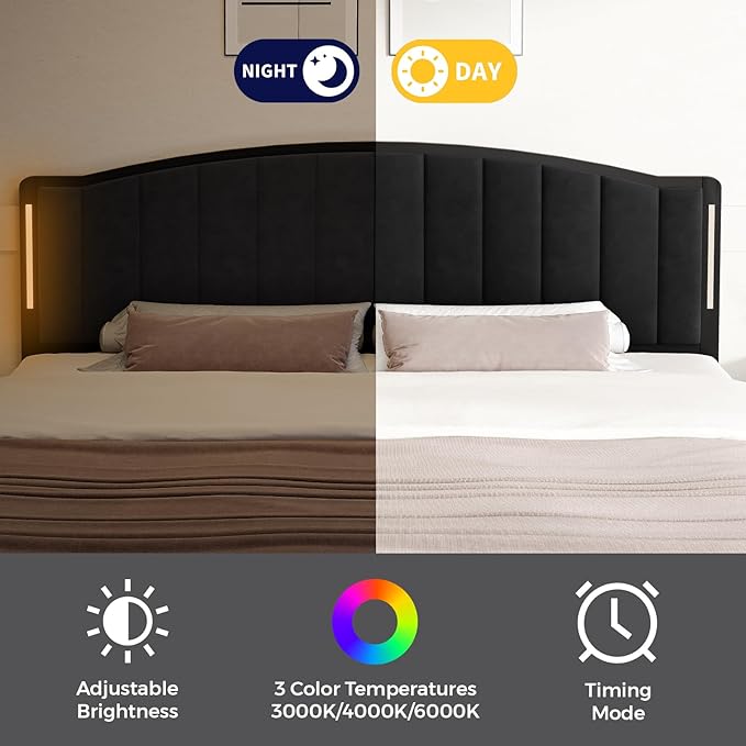 Headboard for King Size Bed with LED Lights, Upholstered Vertical Channel Tufting Head Boards, Velvet Headboard Only, Study & Comfortable, Ideal for Bedroom, Dorm, Guest Room, Black