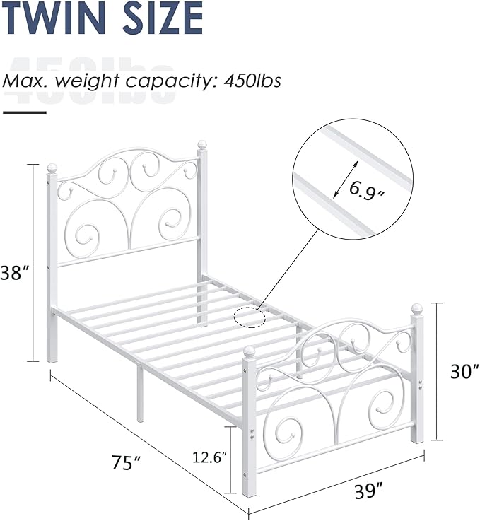 VECELO Twin Size Bed Frame with Headboard and Footboard, Heavy Duty Metal Slat Support, Platform Mattress Foundation, No Box Spring Needed, Easy Assembly, White