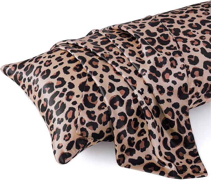 MR&HM Satin Body Pillow Cover, Soft and Breathable Body Pillow Case with Envelope Closure, Cooling and Silky Long Pillowcase for Hair and Skin,Grey (20x54, Brown Leopard)