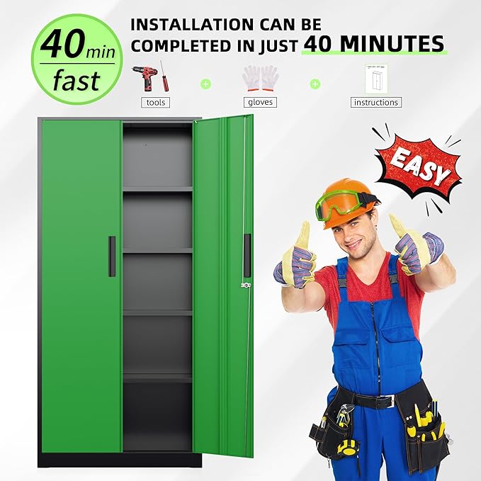 INTERGREAT Metal Storage Cabinet, Garage Steel Locking Cabinets with Doors and 4 Adjustable Shelves, Tall Lockable File Tool Cabinets for Home Office, Classroom Cabinet Basement, Black-Green