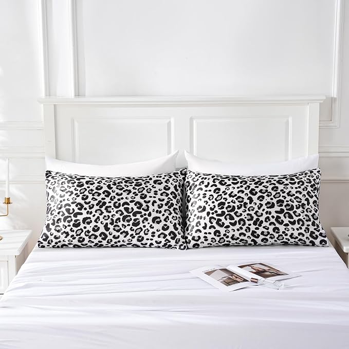 MR&HM Satin Pillowcase for Hair and Skin, Silk Satin Pillowcase 2 Pack, Standard Size Pillow Cases Set of 2, Silky Pillow Cover with Envelope Closure (20x26, White Leopard)