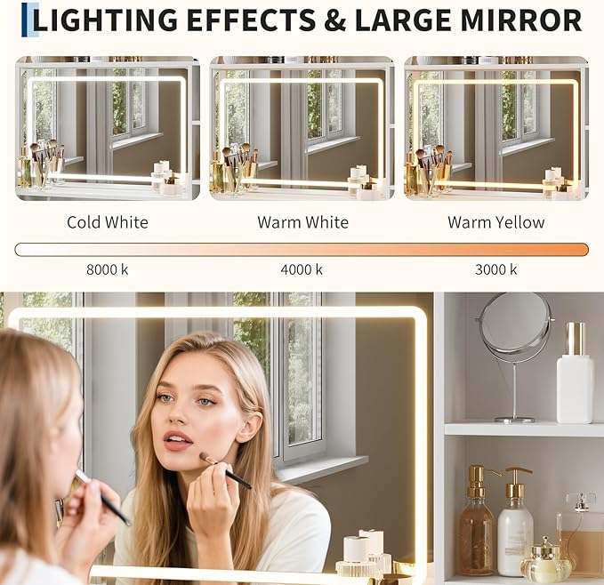 GarveeHome Vanity Desk with Mirror, 35.4” Makeup Vanity Table with Shelves, 4 Fabric Drawers Storage, Modern Dressing Table for Bedroom, Gift for Women