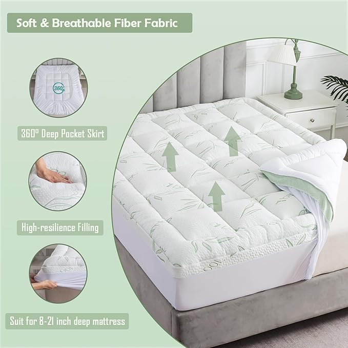 WhatsBedding Twin Mattress Topper, Soft Pillow Top Mattress Topper with Deep Pocket Fits 8–21 Inch,7D Spiral Fiber Filling, Bamboo Viscose Air Layer Mattress Topper Twin Size.