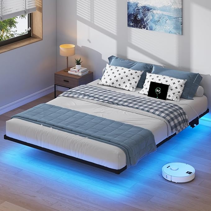 HAVONIZD Queen Floating Bed Frame with LED Lights and Charging Station - 10 inch Platform Bed Frame No Box Spring Needed, Easy Assembly