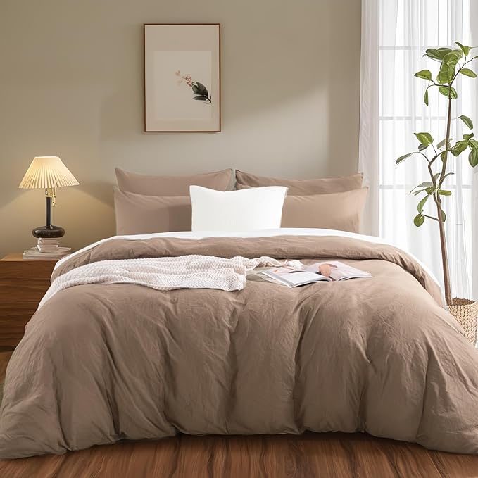 NEXHOME PRO 100% Washed Cotton Duvet Cover Twin Size, Ogranic Natural Linen Feel Breathable Bedding Set with Zipper Closure, 2 Pieces Duvet Cover Set Toffee (No Comfortert) 6890