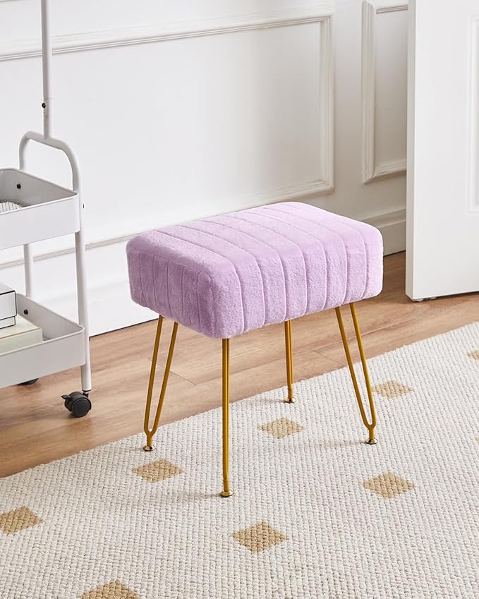 IBUYKE Velvet Rectangular Footrest Stool Ottoman, Makeup Vanity Stool Side Table, Velvet Dressing Table Seat, Pouf Couch Stool, Golden Steel Legs, Purple LG-51V