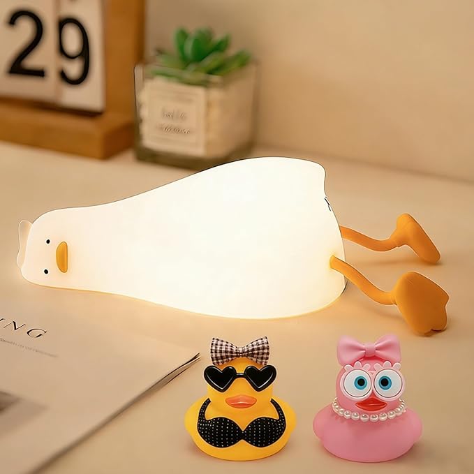FAMIDUO Lying Flat Duck Night Light, Silicone Dimmable Rechargeable Nursery Night Light, Touch LED Lamp with Rubber Duck Blind Box, BPA-Free Squishy Baby Bedside Light for Breastfeeding,Kids,Toddler