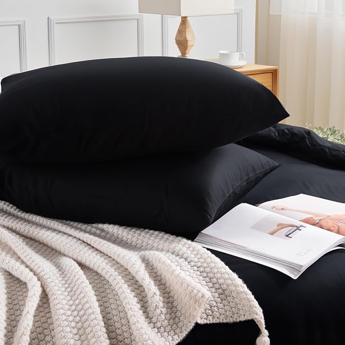 NEXHOME PRO Queen Duvet Cover Set – 100% Certified Organic Cotton with Washed Feel & Linen-Like Texture, Comfortable & Breathable, Home Bedding Set Black (No Comforter)