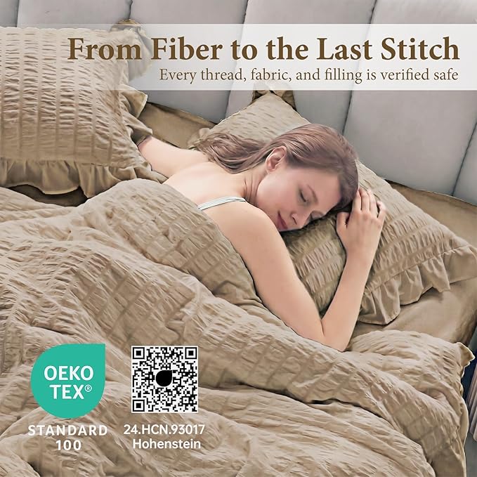 JOLLYVOGUE Twin Size Comforter Set, 2 Pieces Khaki Seersucker Lightweight Fluffy Bedding Set, Twin Ruffle Comforter, All Season Soft Microfiber Shabby Chic Bed Set