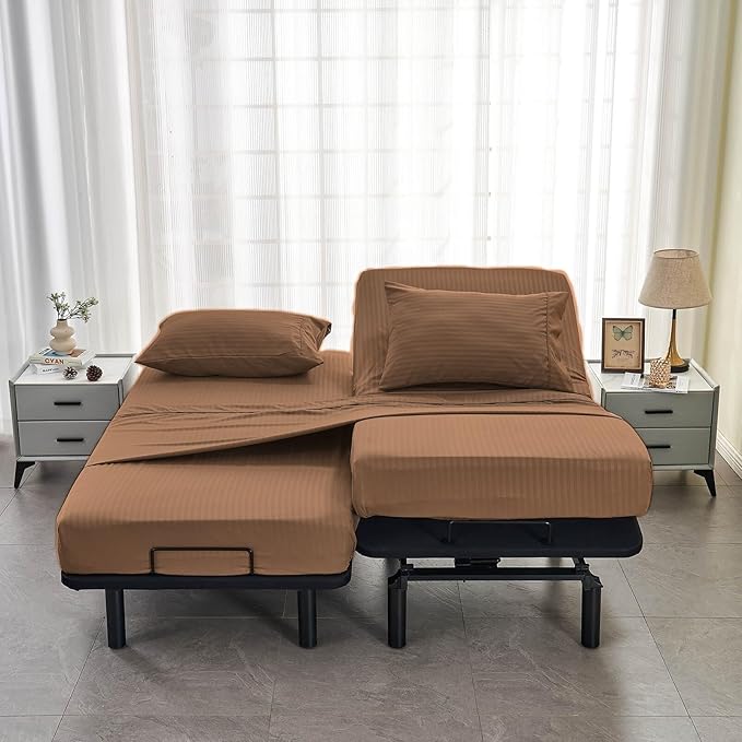Kingnex Striped Split California King Sheets Sets for Adjustable Bed with Deep Pocket 5 Pieces Include 2 Cali Twin XL Fitted Sheets 1 Flat Sheet 2 King Size Pillowcases Coffee