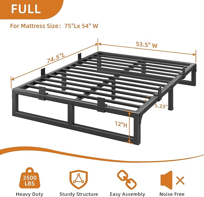 Full Size Bed Frame, 12 Inch Metal Platform Bed Frames with Squeak Free U-Slot Design, 6 Non-Slip Guards, 3500lbs Heavy Duty Steel Slat Support, No Box Spring Needed, Under Bed Storage, Black