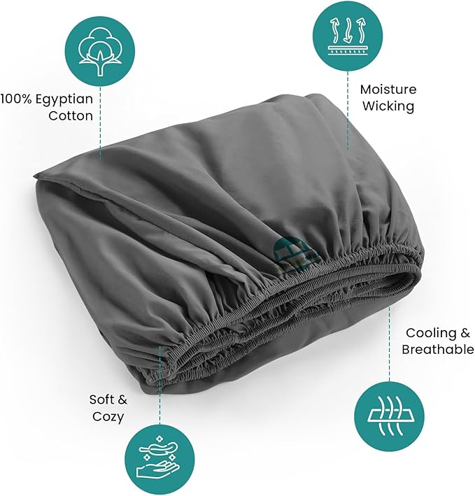 Cot Fitted Sheet 25 x 75 Inches 8" Deep Pocket 100% Egyptian Cotton 600 Thread Count Snug Fit for Trifold Mattress, Narrow Twin, Camp Bunk, Guest Bed, Army Cot Soft & Breathable – Dark Grey